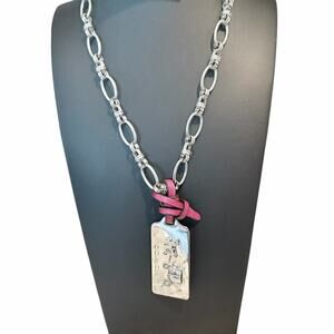 Coach Silver Hang Tag Pendant Necklace w/Red Leather Fob Silver Chain 18 Inch